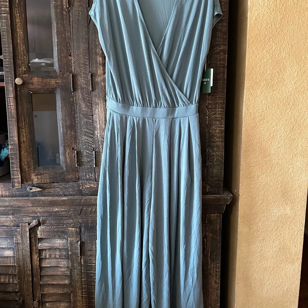 V Neck Short Sleeve Side Pocket Wide Leg Flowy Waffle Casual Jumpsuit Canton L - Picture 9 of 12